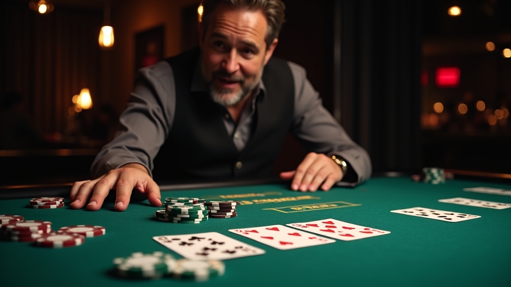 Live dealer speaking at a casino table with cards and chips in a studio setting