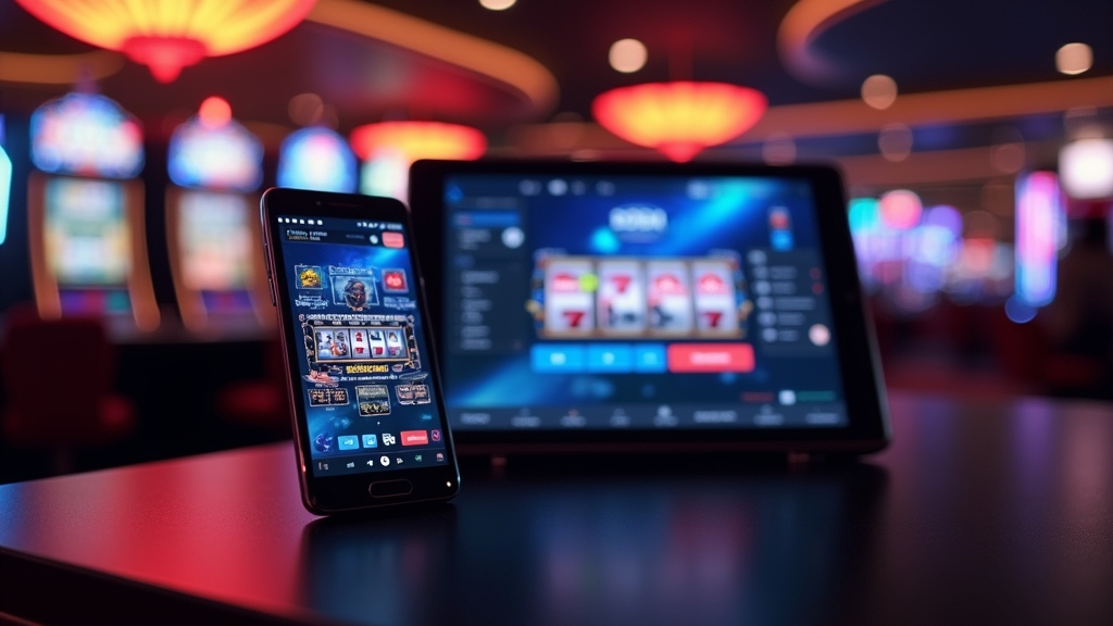Android phone and tablet showing a casino app download screen in a dark casino setting