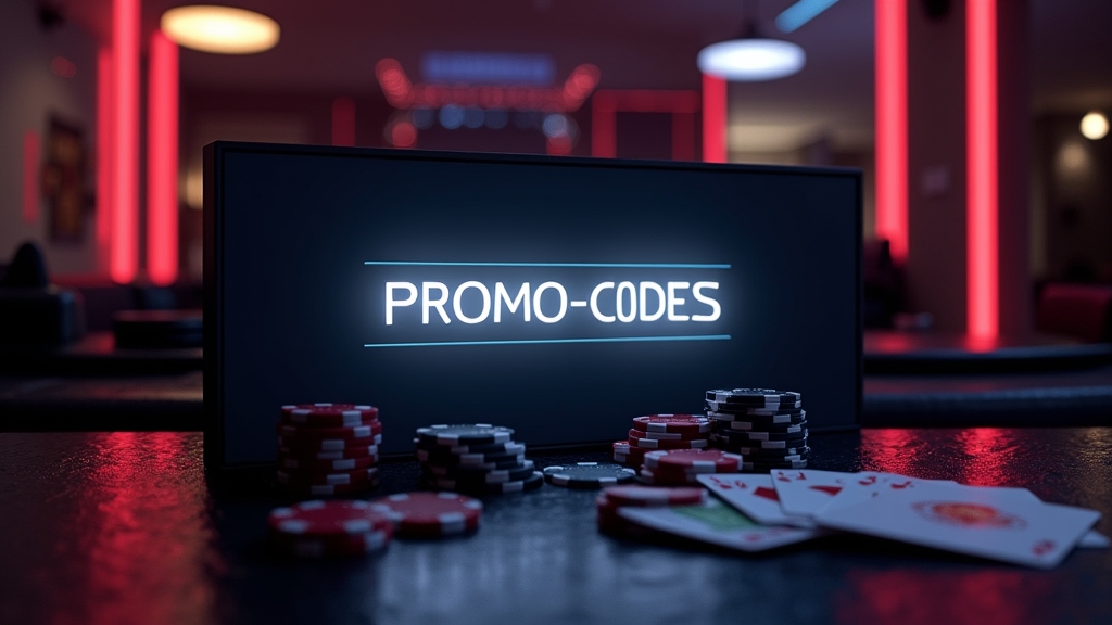 Casino screen showing a promo code box and bonus banner in a dark neon setting
