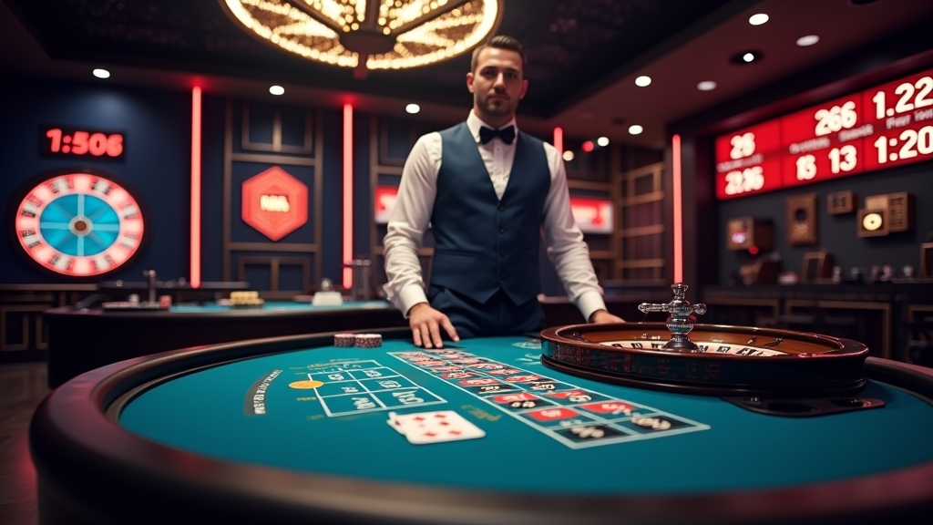 Live dealer at a casino table with cards, chips, and a glowing roulette wheel